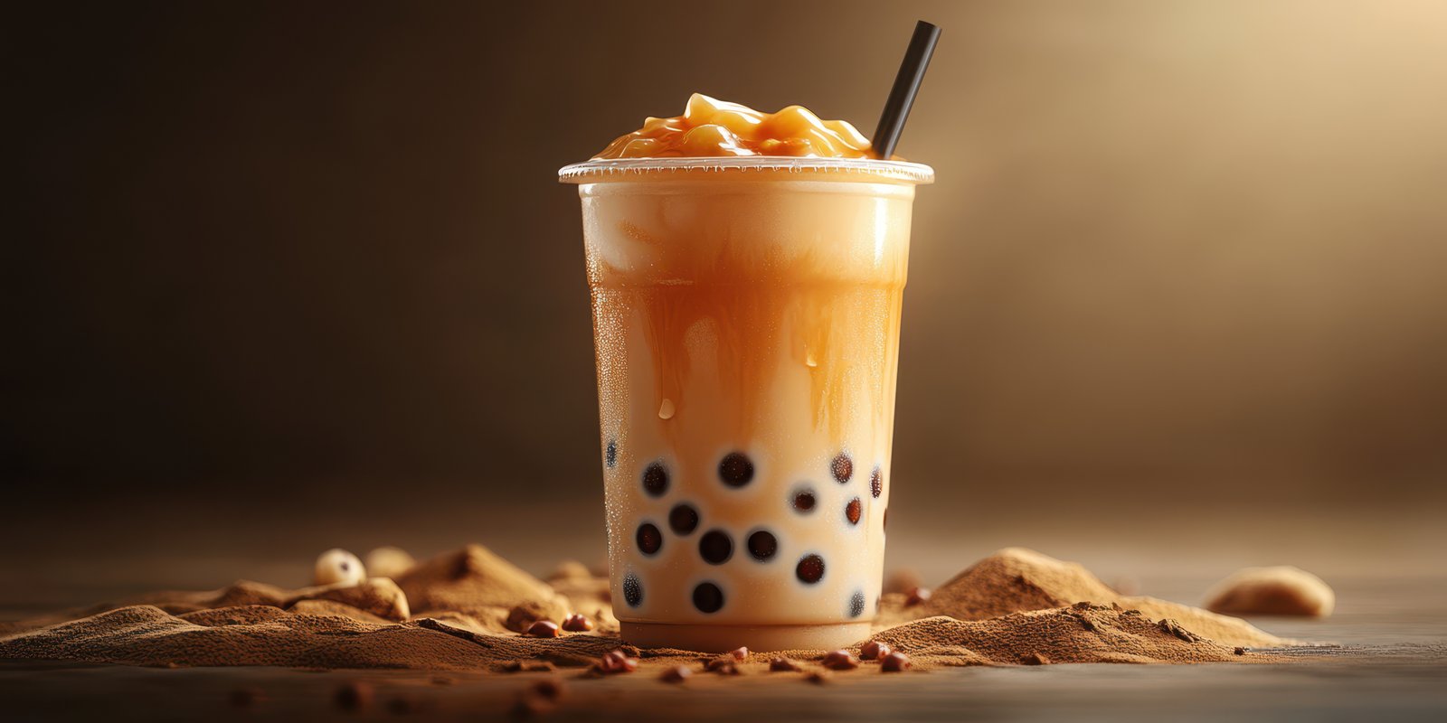 Delicious bubble tea with caramel topping displayed on a sandy surface in warm lighting